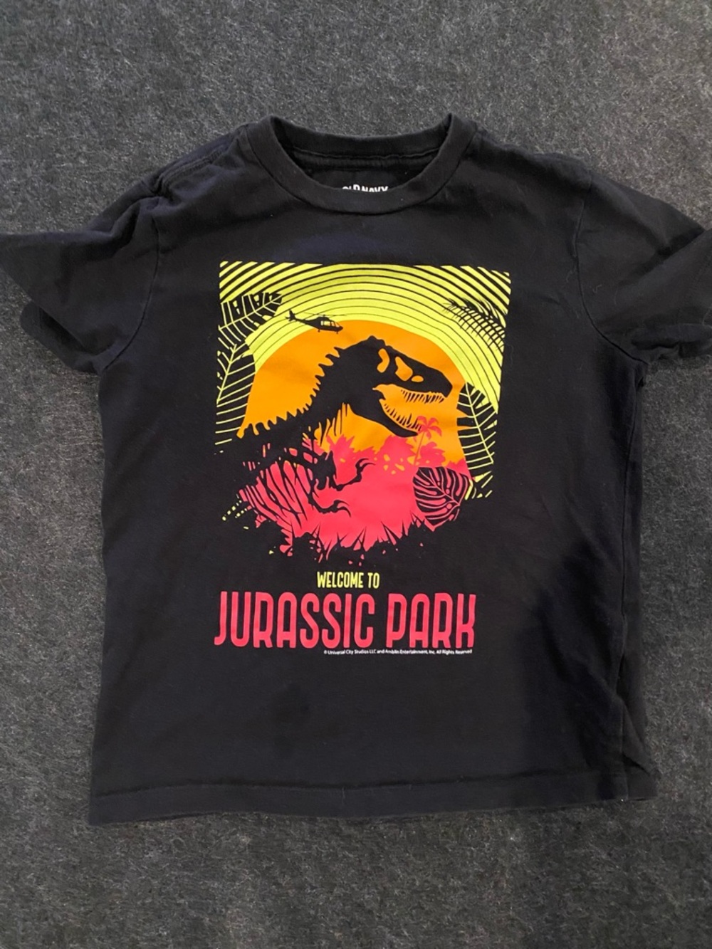 Old Navy Black Jurassic Park Graphic Tee with Yellow & Pink Print